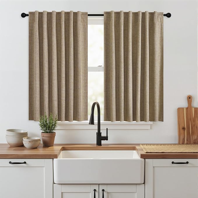 RYB HOME Burlap 100% Blackout Short Curtains 45 Inch Long by RYBHOME