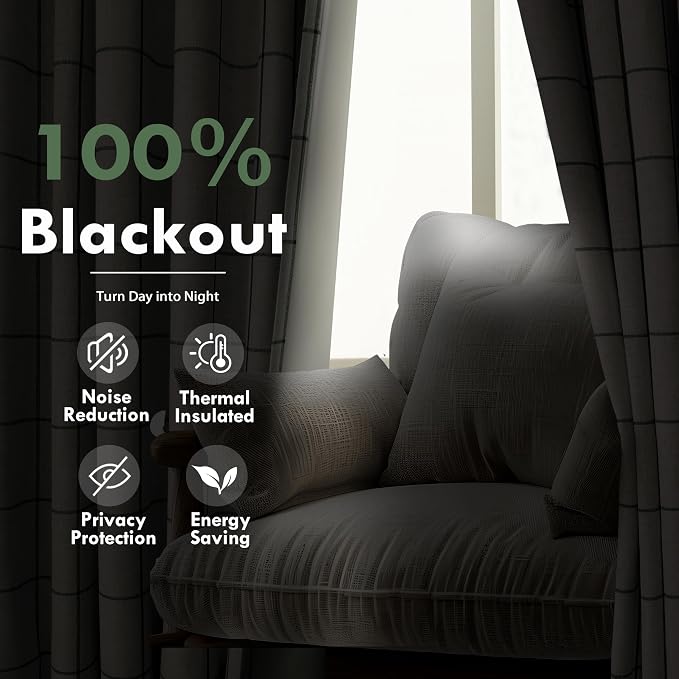 DriftAway 100% Blackout Plaid Linen Curtains W52xL63 Loden Green | 100% Blackout - Image 6