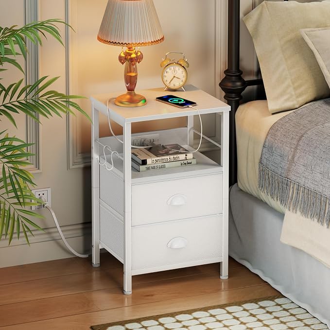 Furologee End Table with Charging Station, Nightstand with Fabric Drawers - Image 2