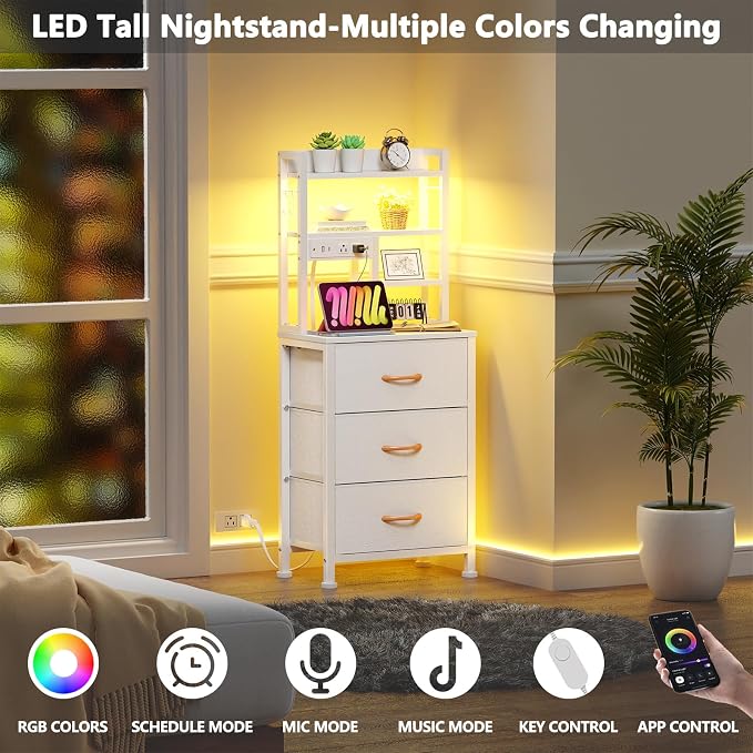 Tall Nightstand, 3 PVC Fabric Drawers and 4-Tier Storage Shelf, Bedside Table - Image 4