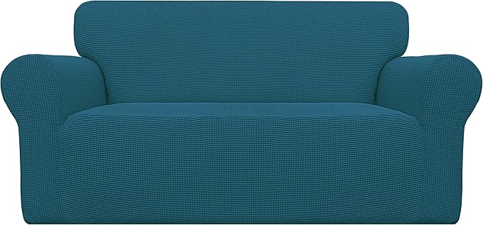 Easy-Going Stretch Loveseat Slipcover 1-Piece Sofa Cover Furniture Protector Couch Soft with Elastic Bottom for Kids Polyester Spandex Jacquard Fabric Small Checks (Loveseat, Peacock Blue)