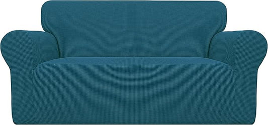 Easy-Going Stretch Loveseat Slipcover 1-Piece Sofa Cover Furniture Protector Couch Soft with Elastic Bottom for Kids Polyester Spandex Jacquard Fabric Small Checks (Loveseat, Peacock Blue)