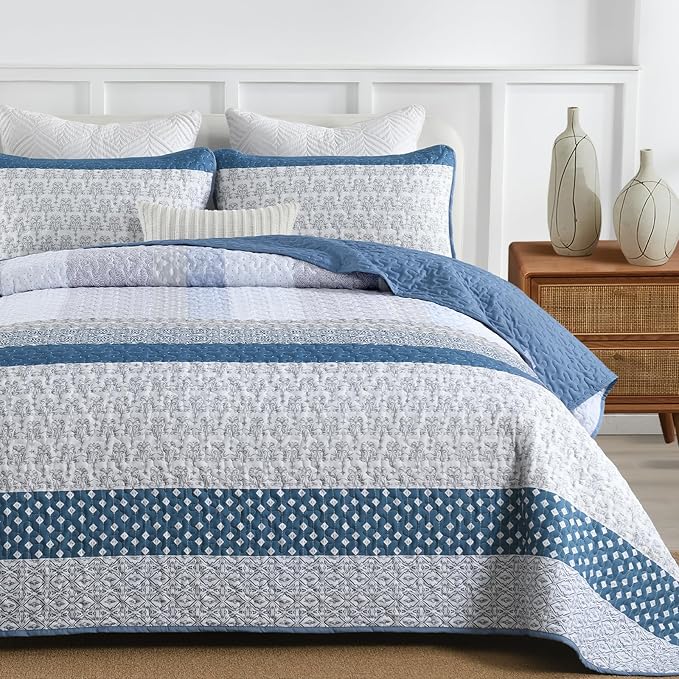 WONGS BEDDING Blue Queen Size Quilt Set, 3-Piece Boho Stripe Bedspread | - Image 9