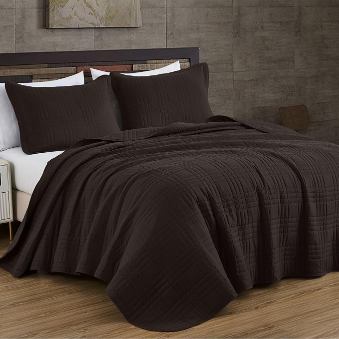 Chezmoi Collection Kingston Queen Size Bedspread Set, 3-Piece Brown Oversized by ChezmoiCollection