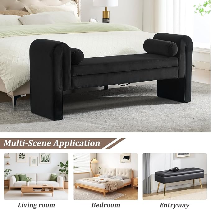 61" Velvet End of Bed Bench, Upholstered Seat - Image 3