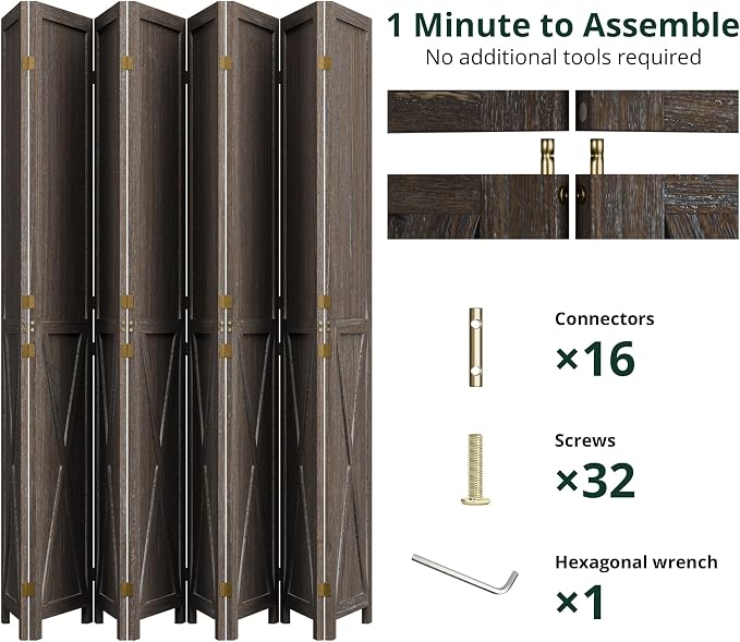 8 Panel Folding Room Divider, Solid Wood Privacy Screen, Freestanding Partition - Image 3