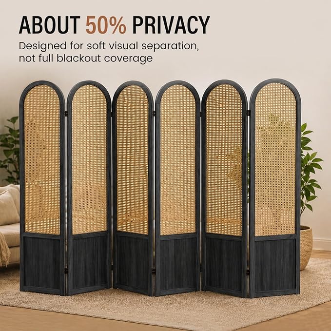 6 Panel Rattan Room Divider Screen, Boho Folding Privacy Screen | Decorative - Image 2