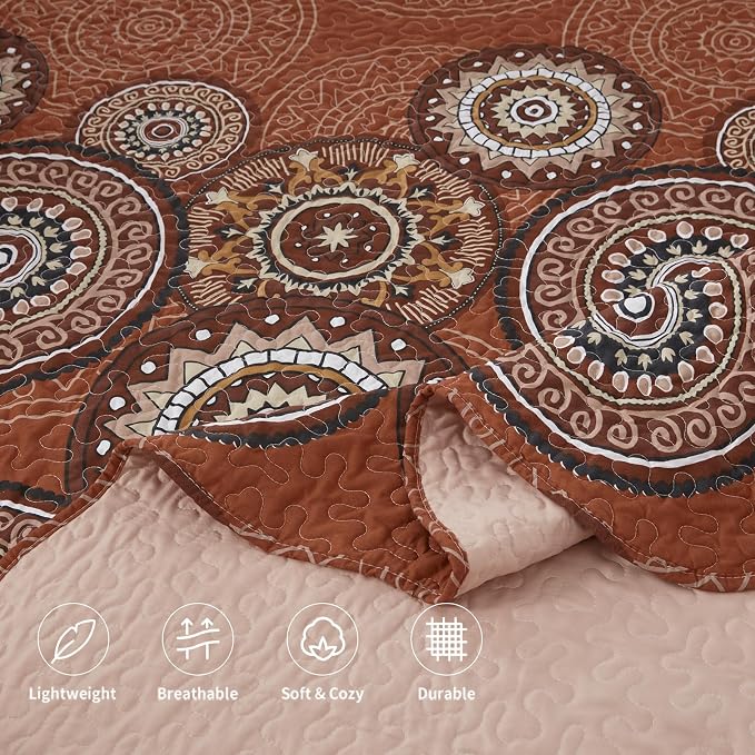 3-Piece Full Queen Size Burnt Orange Rust Quilt Set Lightweight Oversized - Image 6