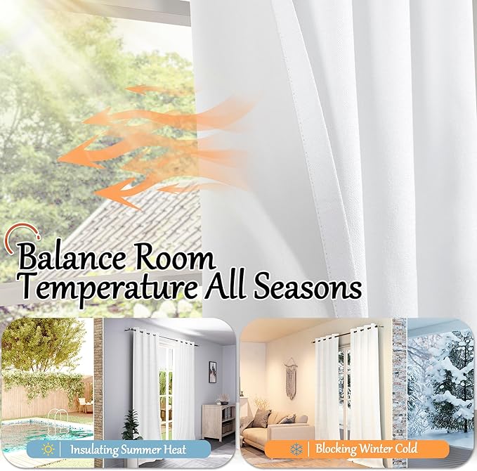 Short Blackout Curtains 45 Inch Length 2 Panels, Thermal Insulated Total Light Blocking Linen Window Curtains for Bedroom Basement Farmhouse Privacy Noise Reducing, Grommet, White, Each 52" Wide