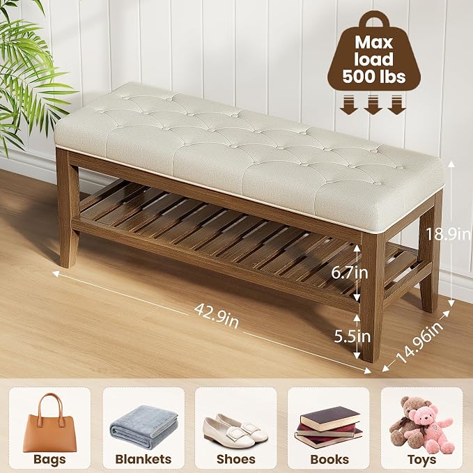 REONEY Bedroom Bench, Tufted Button Window Seat, - Image 2