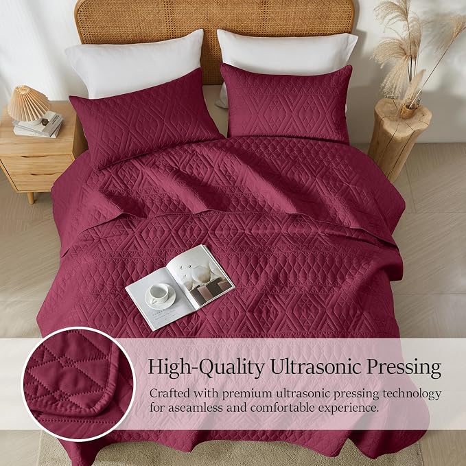 akkialla Twin Quilt Set, Burgundy Lightweight Microfiber Bedspread Coverlet - Image 3