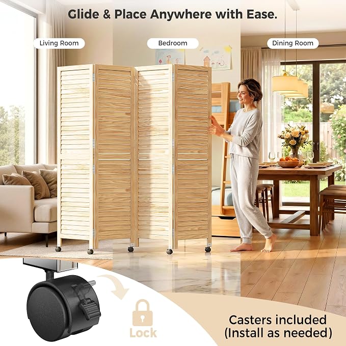 Amsleekey 4 Panel Wood Room Divider, Lockable Wheels, Freestanding Wall Divider - Image 5