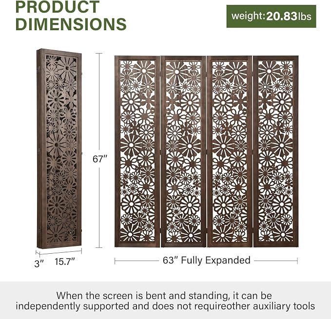 Folding Wood Room Divider Panel, 5.6 FT Tall Daisy-Carved Privacy Screen - Image 4