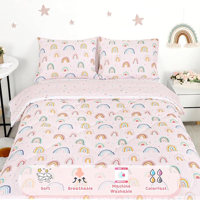 Twin Size Toddler Bedding Set for Girls 5 Piece Toddler Girl Bedding, Super Soft Toddler Comforter Set Includes Comforter, Flat Sheet, Fitted Sheet, Pillowcase (Pink Cute Rainbow)