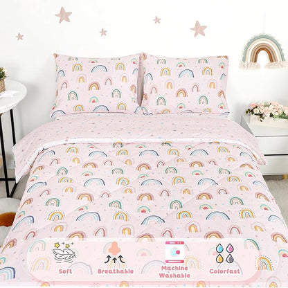 Twin Size Toddler Bedding Set for Girls 5 Piece Toddler Girl Bedding, Super Soft Toddler Comforter Set Includes Comforter, Flat Sheet, Fitted Sheet, Pillowcase (Pink Cute Rainbow)