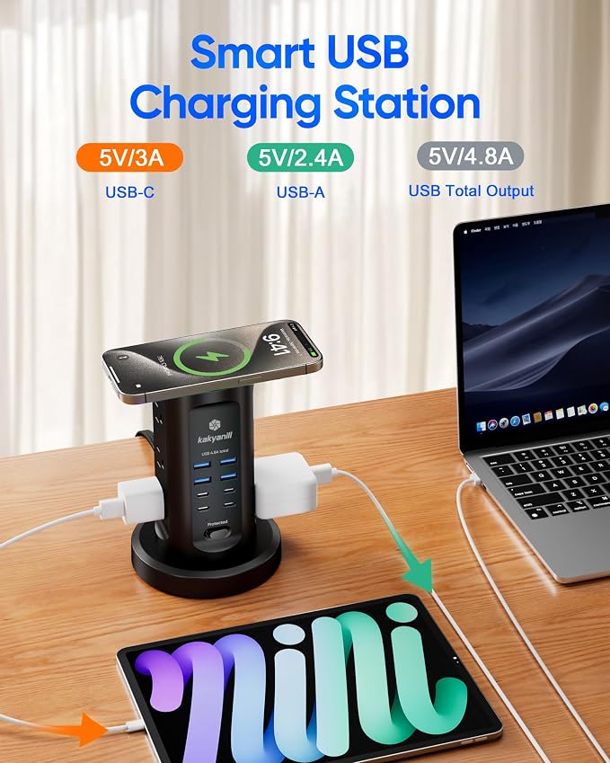 Power Strip Tower, kakyanill Charging Station 9 AC Outlets 8 USB Ports | 6 Ft - Image 5