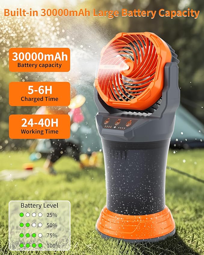 WESTTREE Portable Misting Fan with Larger Battery Fan-Rechargeable Outdoor Misting Cooling Fans with 2L Water Tank,RGB Lights,4 Speeds & Spray Modes-for Patio, Camping, Beach, Workshop (Gray-Orange)