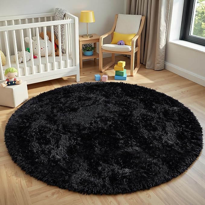 Black Round Fluffy Rug 5ft Plush Fuzzy Shaggy Carpet | Soft Rugs - Image 8