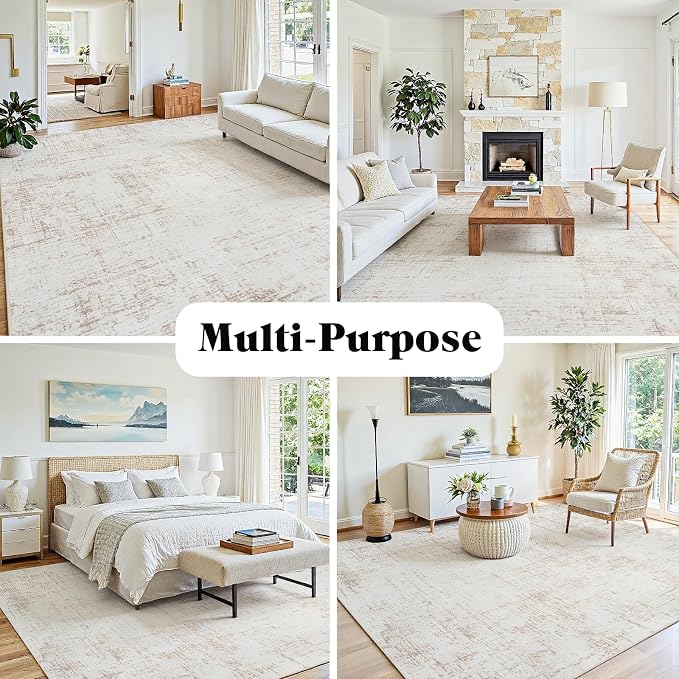 9x12 Washable Area Rug for Living Room Bedroom: Non-Slip Modern Beige White | - Image 3