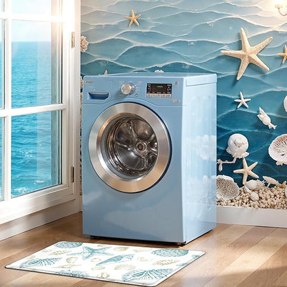 Kitchen Mats for Floor Cushioned Anti Fatigue Sets of 2 Beach Theme Kitchen Rugs Non Slip Waterproof Coastal Foam Kitchen Floor Rug Nautical Seashell Comfort Standing Mat for Sink Laundry, Teal
