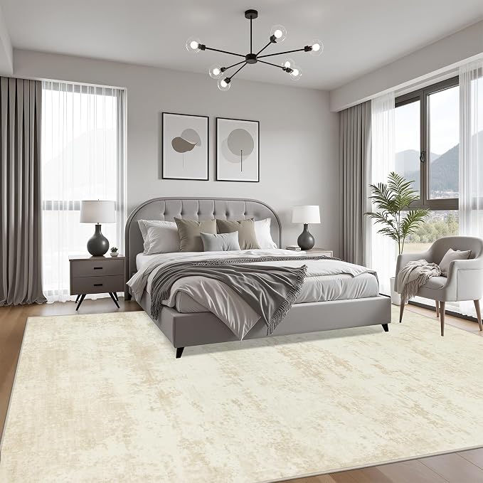 9x12 Area Rug Living Room: Modern Washable Indoor Soft Carpet Beige | - Image 3