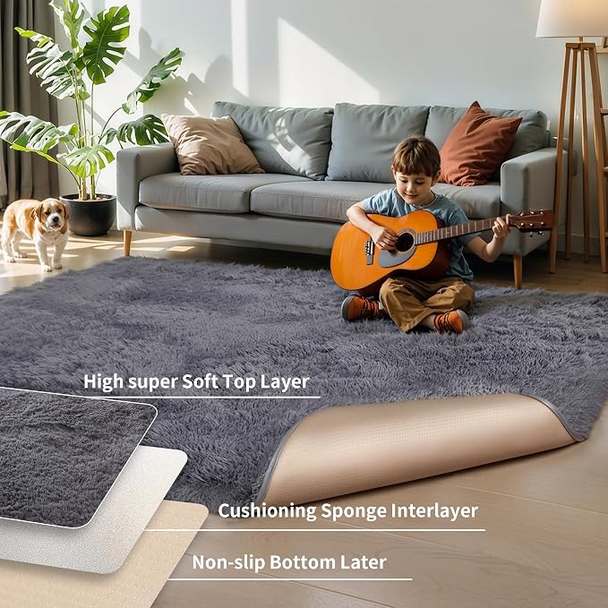 5x8 Thick Grey Fluffy Shag Rug for Bedroom, Plush Washable Carpet | Area Rug - Image 7