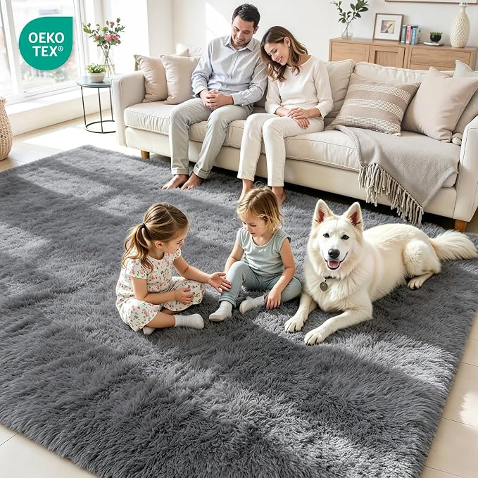 8x10 Fluffy Area Rug for Living Room: Non-Slip Light Grey Bedroom Carpet | - Image 4