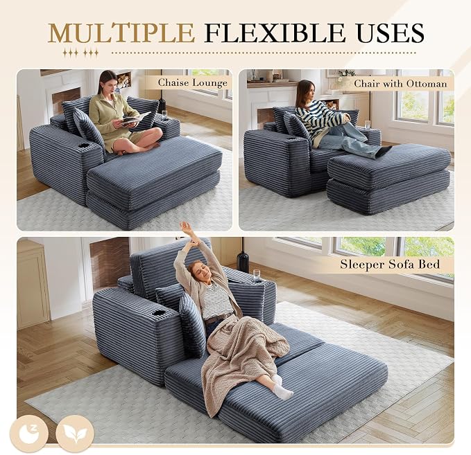 Oversized Chaise Lounge Chair Indoor, 52.4" W Corduroy Upholstered Fluffy Comfy - Image 4