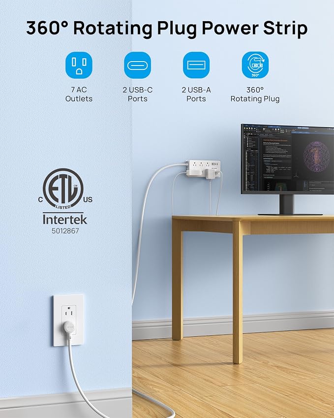 TROND 360° Rotating Plug Power Strip, 10ft Extension Cord, Wall Mountable - Image 3