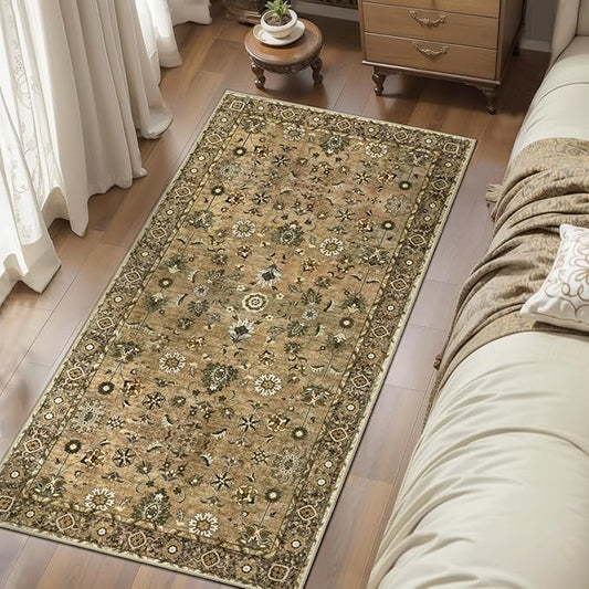 2x4 Washable Rug for Entryway, Vintage Floral Rug Non Slip Small, Indoor Front Door Runner Rugs, Print Distressed Brown Door Mat Carpet, Soft Low Pile for Entrance Kitchen Bedroom Bathroom