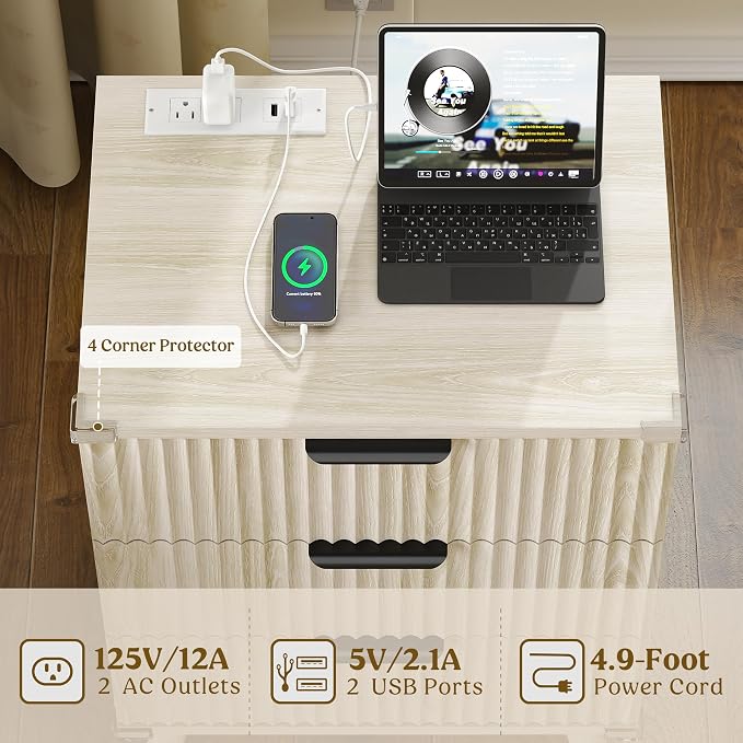 Wood Nightstands Set of 2 w/Charging Station, 3 Drawers Fluted Dresser | Grey - Image 3