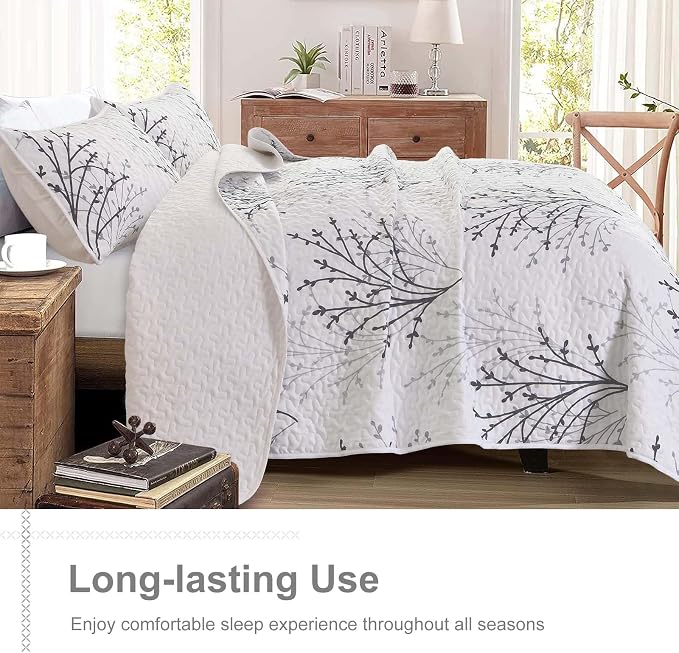 DJY White Quilt Set King Size Branch Botanical Bedspread Coverlet Set | 3 - Image 4