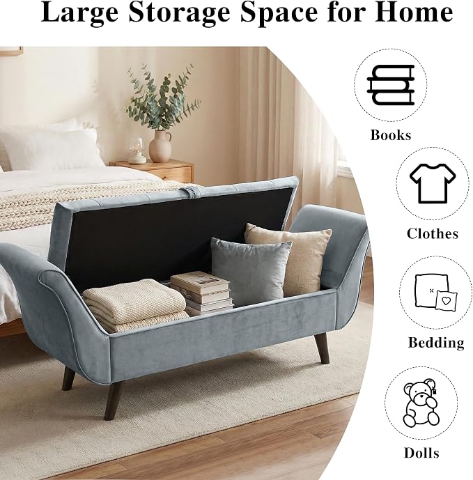 65" Velvet End of Bed Bench, Upholstered Seat - Image 3