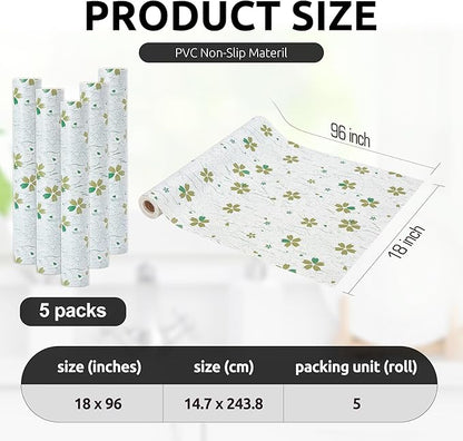 RAY STAR 18X96 Inch Shelf Liner for Kitchen Cabinets, Non-Adhesive Cabinet Liner Washable, PVC Drawer Liner for Dresser Non-Slip Bathroom (Green-Floral)(5 Roll)