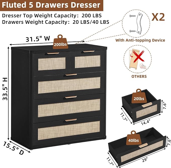 LEYAOYAO Rattan Dresser for Bedroom Set of 2, 33.5" Tall Chest of Drawers - Image 2