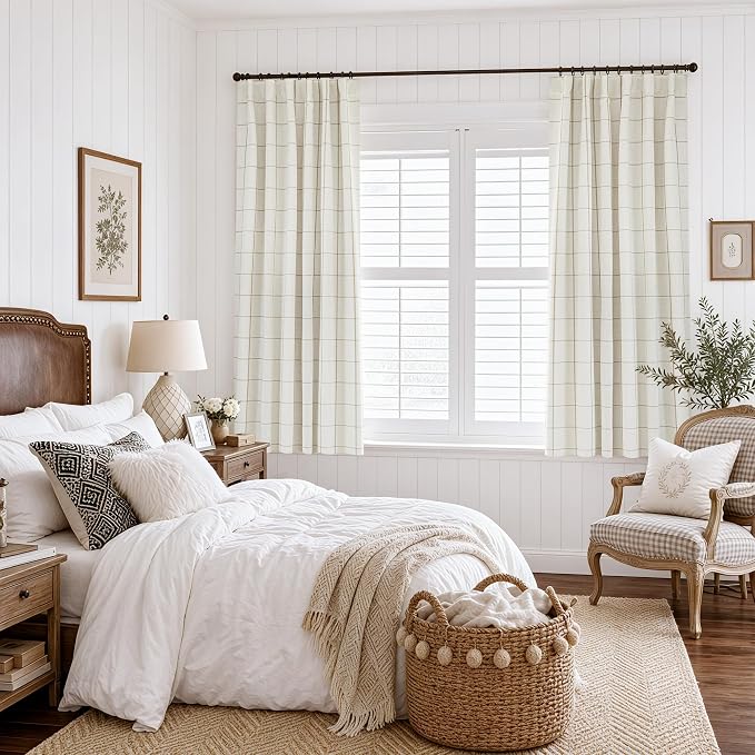 DriftAway 100% Blackout Windowpane Plaid Linen Curtains 36 Inches Taupe | - Image 2