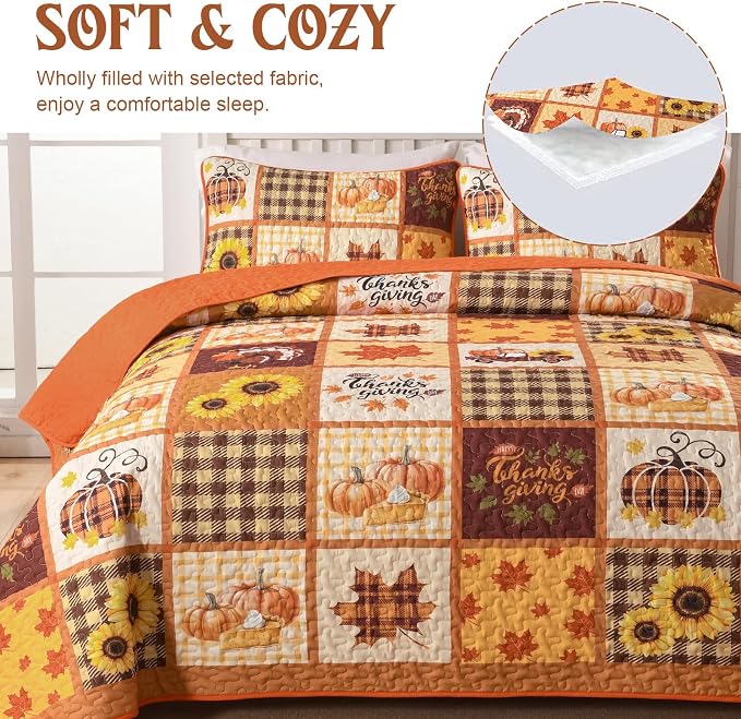 Anibedding 3Pieces Fall Patchwork Quilts King Size, Pumpkin Maple Leaves - Image 4