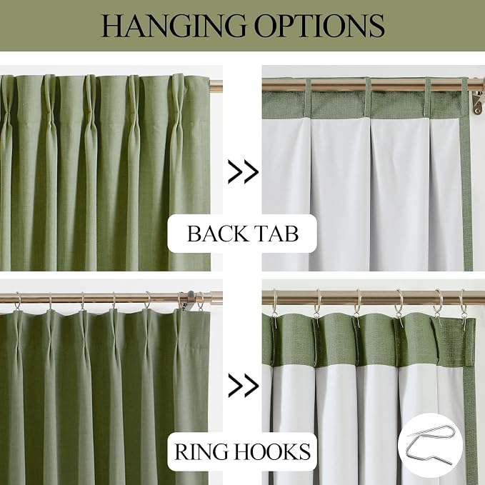 Vision Home Dark Green Pinch Pleated Full Blackout Curtains Linen Blended Room - Image 3