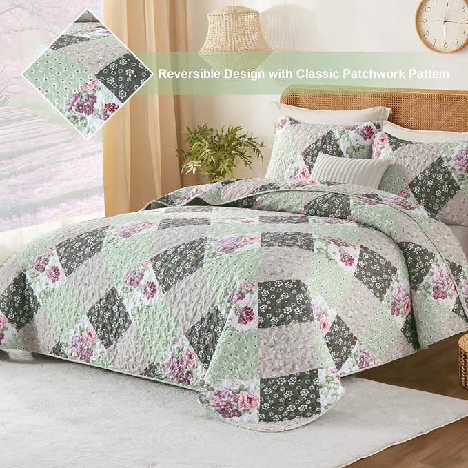 Dinjoy Boho Quilt Set King Size, Patchwork Floral Bedspreads, Reversible Summer - Image 3