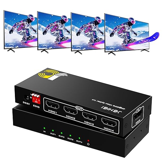 HDMI Splitter 1 in 4 Out, JCHICI HDM1 Switcher Splitter 4K@60Hz 4:4:4, HDMI Spliter for Dual Monitors, EDID Control, Compatible with Xbox PS4 Blu-Ray Player HDTV (1 Source onto 4 Displays)