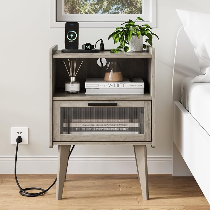 MMEOLUOOK Nightstand with Charging Station, Bedside Tables Oak Grey End Table - Image 5