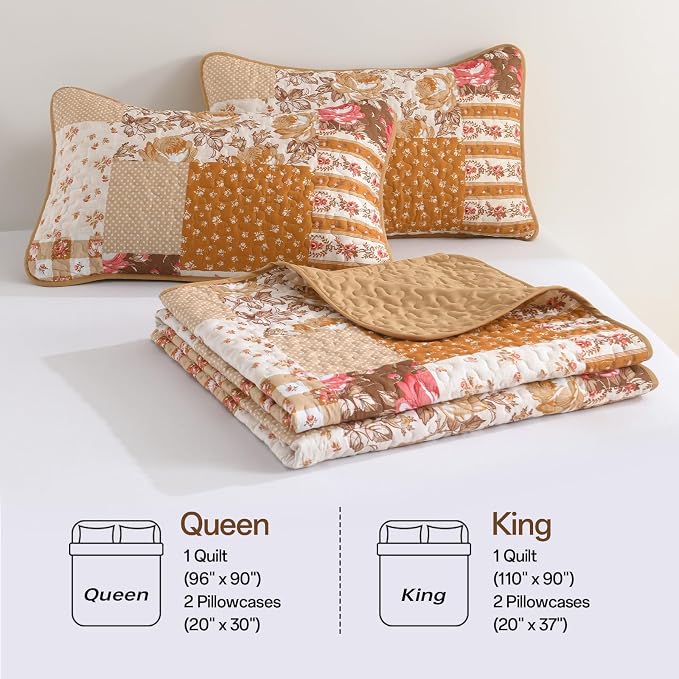Floral Quilt Set King Size, 3 Pieces Patchwok Burnt Orange Brown Bedspread Fall - Image 8