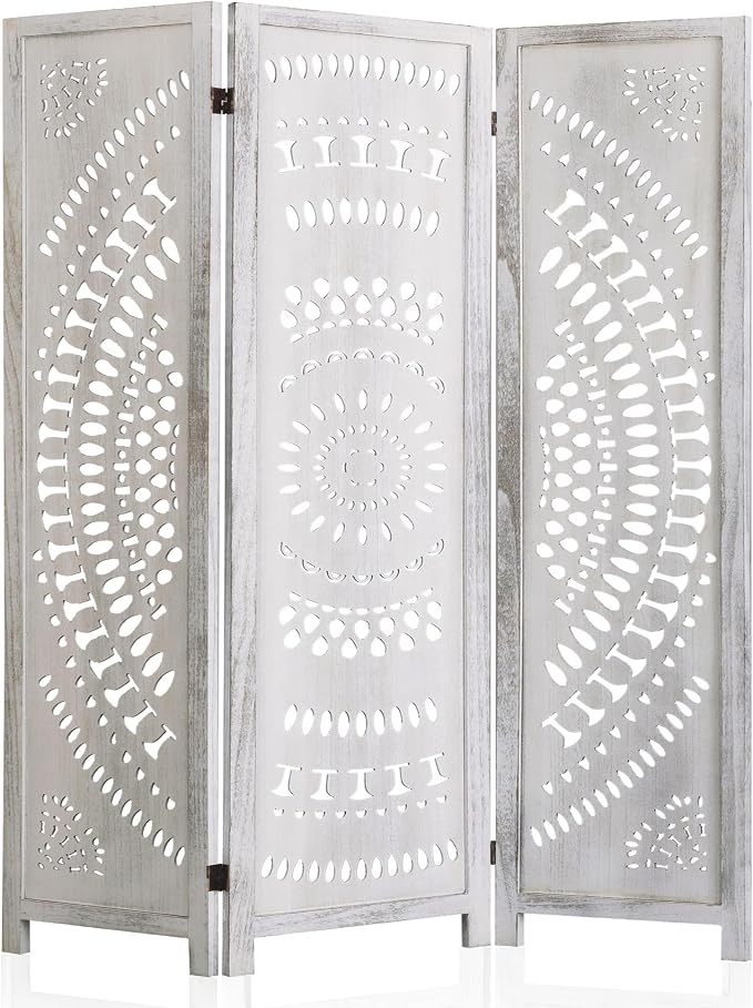 WelFurGeer Handcrafted Carved Wooden Room Divider Screen, Folding Privacy Screen by WelFurGeer
