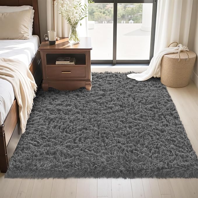 4x6 Area Rug for Living Room, Dark Gray Fluffy Shag Non-Slip Bedroom Rugs | - Image 4