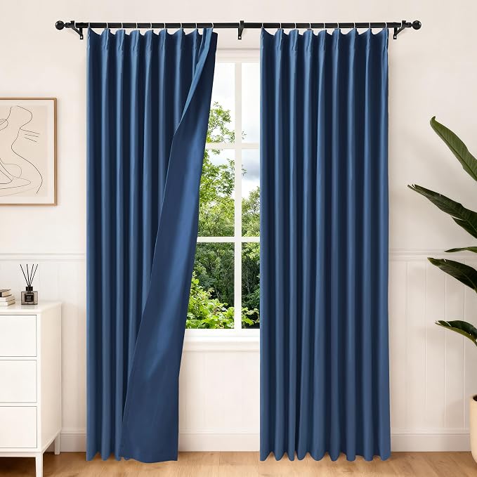 Etherealveil Navy Blue Pinch Pleated Blackout Curtains 2 Panels 60"x95" | Back by Etherealveil