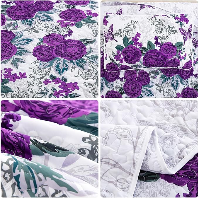 Yiran Purple Floral Quilt Set King Size, Rose Bedspreads Bedding Set | 3 Pieces - Image 7