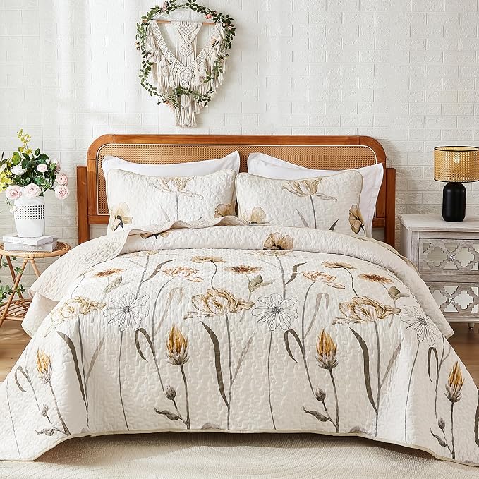 WONGS BEDDING King Floral Quilt Set, Reversible Brown Vintage Coverlet | Soft by WONGSBEDDING