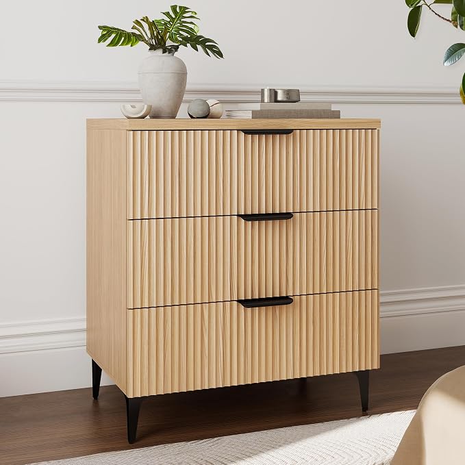 25.6" W Fluted Nightstand with 3 Drawer Dresser, Modern Wood Night Stands | by SUNWAVEHOME