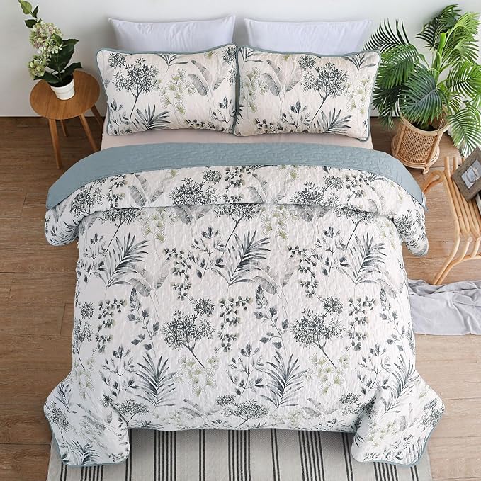 Anibedding Floral Queen Quilt Set, 3 Pieces Botanical Parrten Bedspread | Soft - Image 3