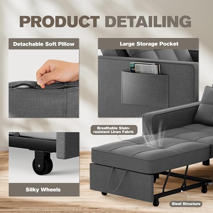 JUMMICO Sleeper Chair, 3-in-1 Convertible Sleeper Sofa Bed - Image 4